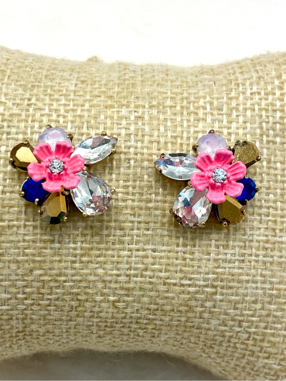 J. Crew Pink Floral Crystal Cluster Earrings with Blue Accents